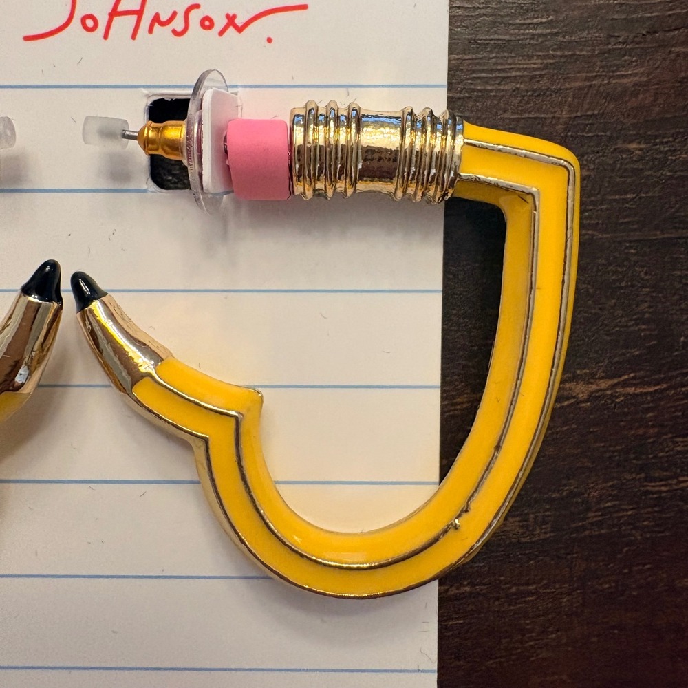 Betsey Johnson Pink Heart Pencil Hoop Earrings Back to School Teacher Gift NIB - Picture 2 of 6